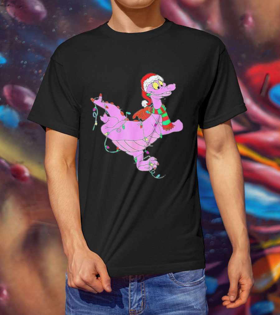 Dragon Figment In Santa Hat Wrapped In Christmas Lights T-Shirt