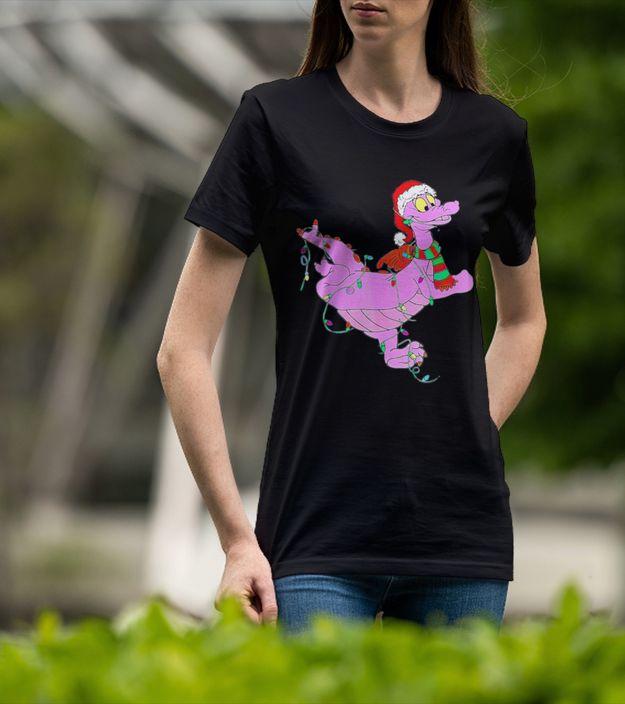 Dragon Figment In Santa Hat Wrapped In Christmas Lights T-Shirt