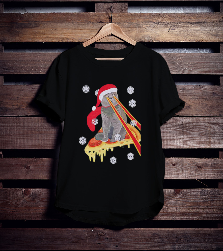 Santa Cat With Laser Eyes On Cheesy Pizza Snowflakes T-Shirt