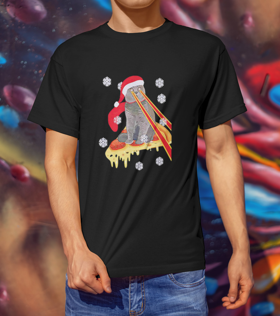 Santa Cat With Laser Eyes On Cheesy Pizza Snowflakes T-Shirt