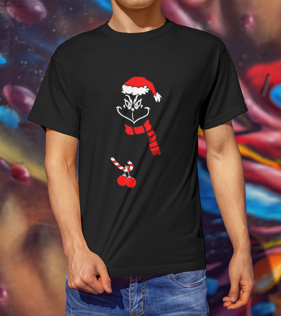 Grinch Santa Hat Scarf Candy Cane Christmas Balls T-Shirt