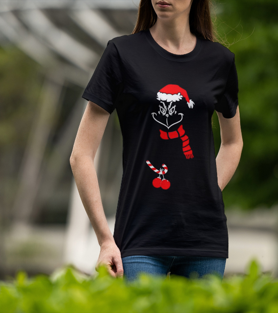 Grinch Santa Hat Scarf Candy Cane Christmas Balls T-Shirt