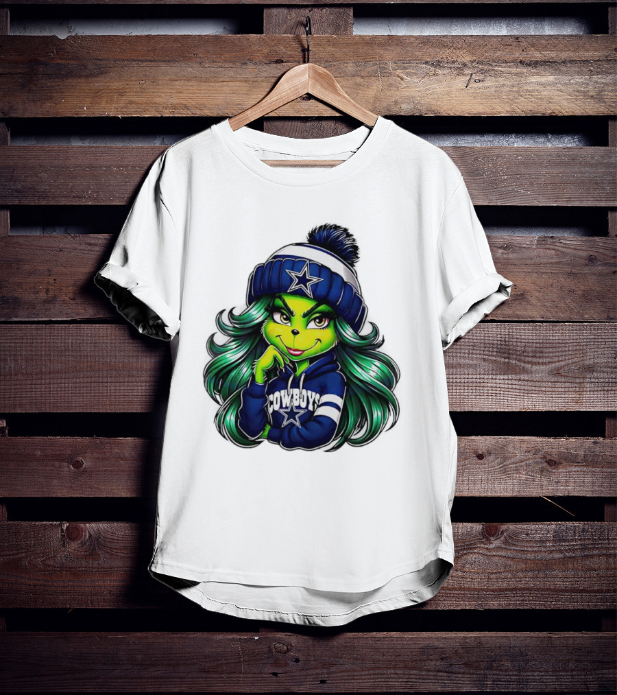 Grinch Girl In Dallas Cowboys Hat And Hoodie With Star T-Shirt