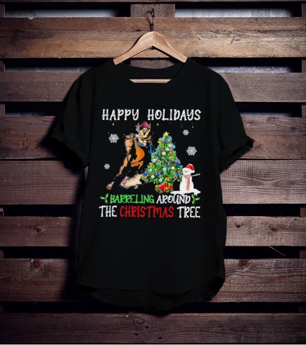 Happy Holidays Barreling Around The Christmas Tree With Cowboy And Snowman T-Shirt