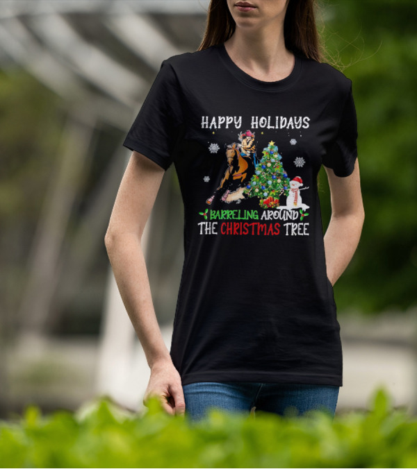 Happy Holidays Barreling Around The Christmas Tree With Cowboy And Snowman T-Shirt