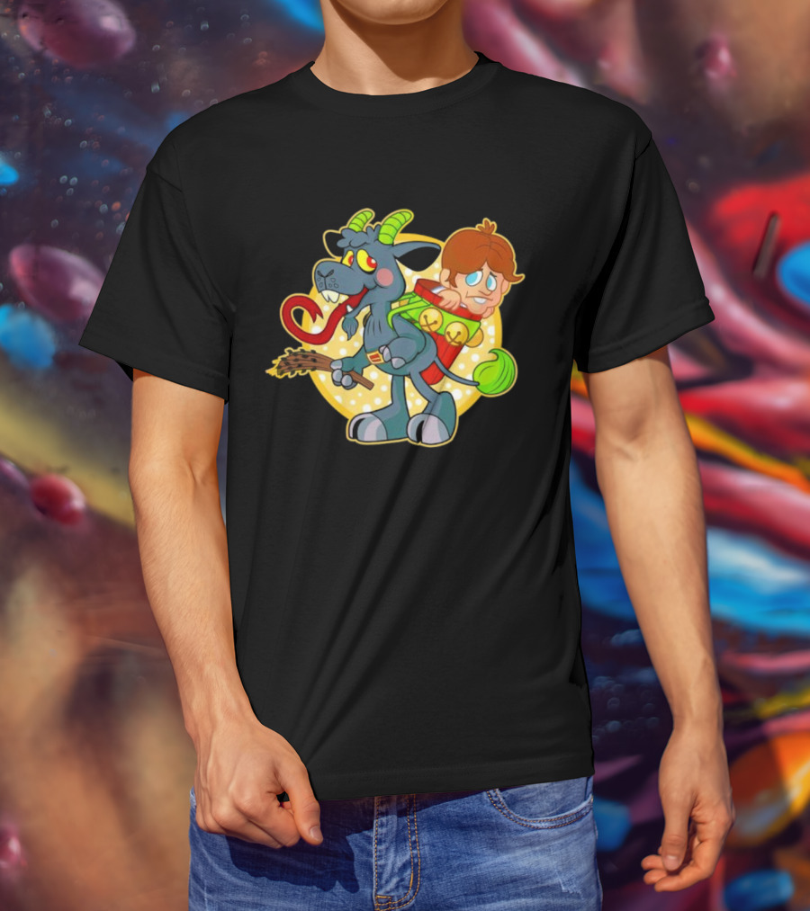 Krampus Rankin-Kramp Cartoon Goat With Red Backpack And Child T-Shirt