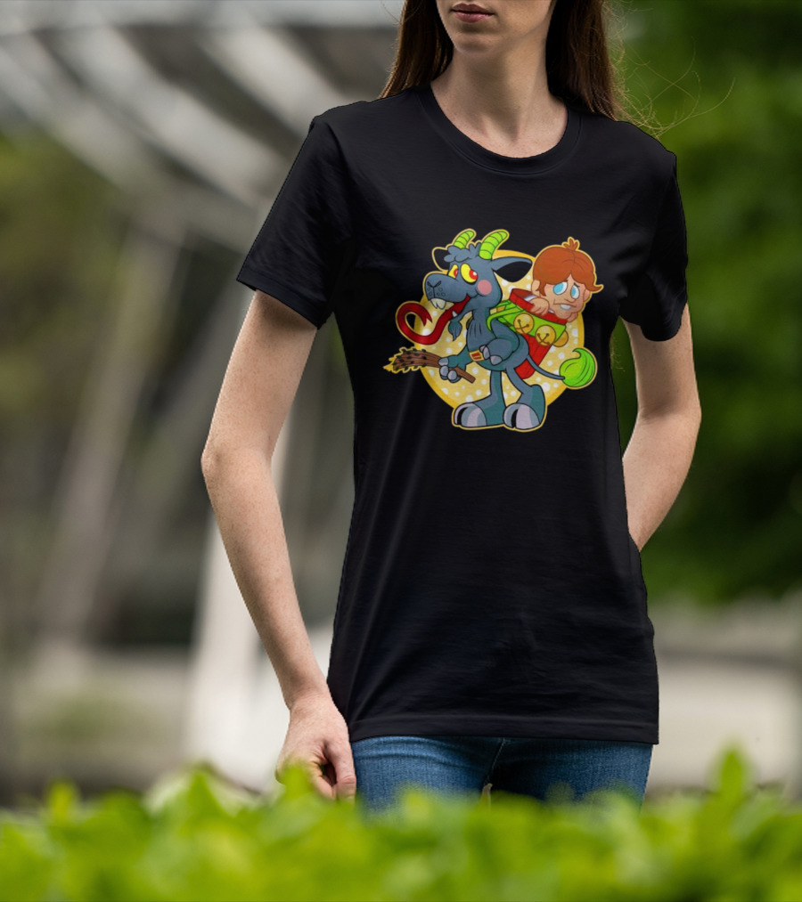 Krampus Rankin-Kramp Cartoon Goat With Red Backpack And Child T-Shirt