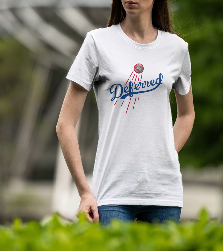 Los Angeles Dodgers Deferred Blue Script With Baseball And Red Streaks T-Shirt