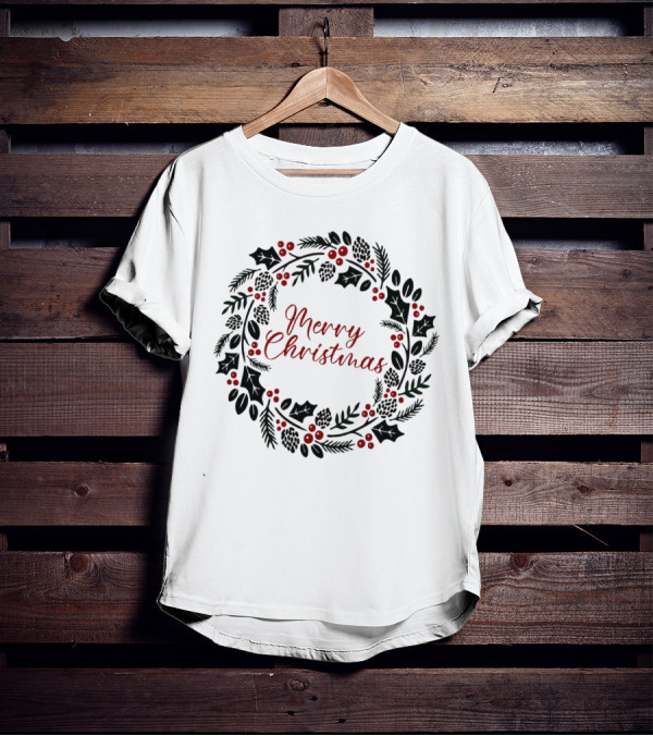 Merry Christmas Wreath With Pinecones And Holly T-Shirt