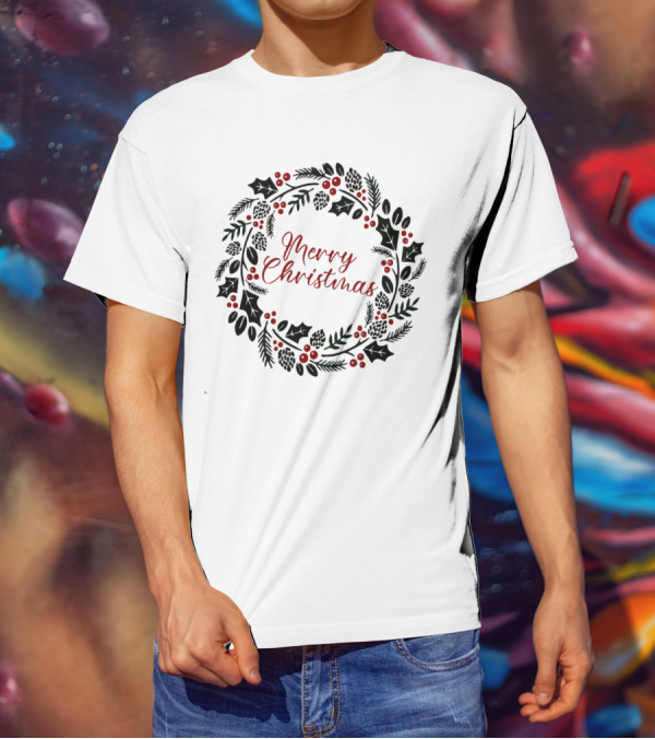 Merry Christmas Wreath With Pinecones And Holly T-Shirt