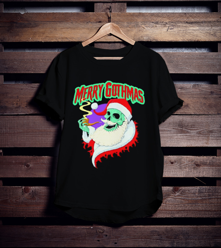 Merry Gothmas Skull Santa Smoking Holiday Greeting T-Shirt