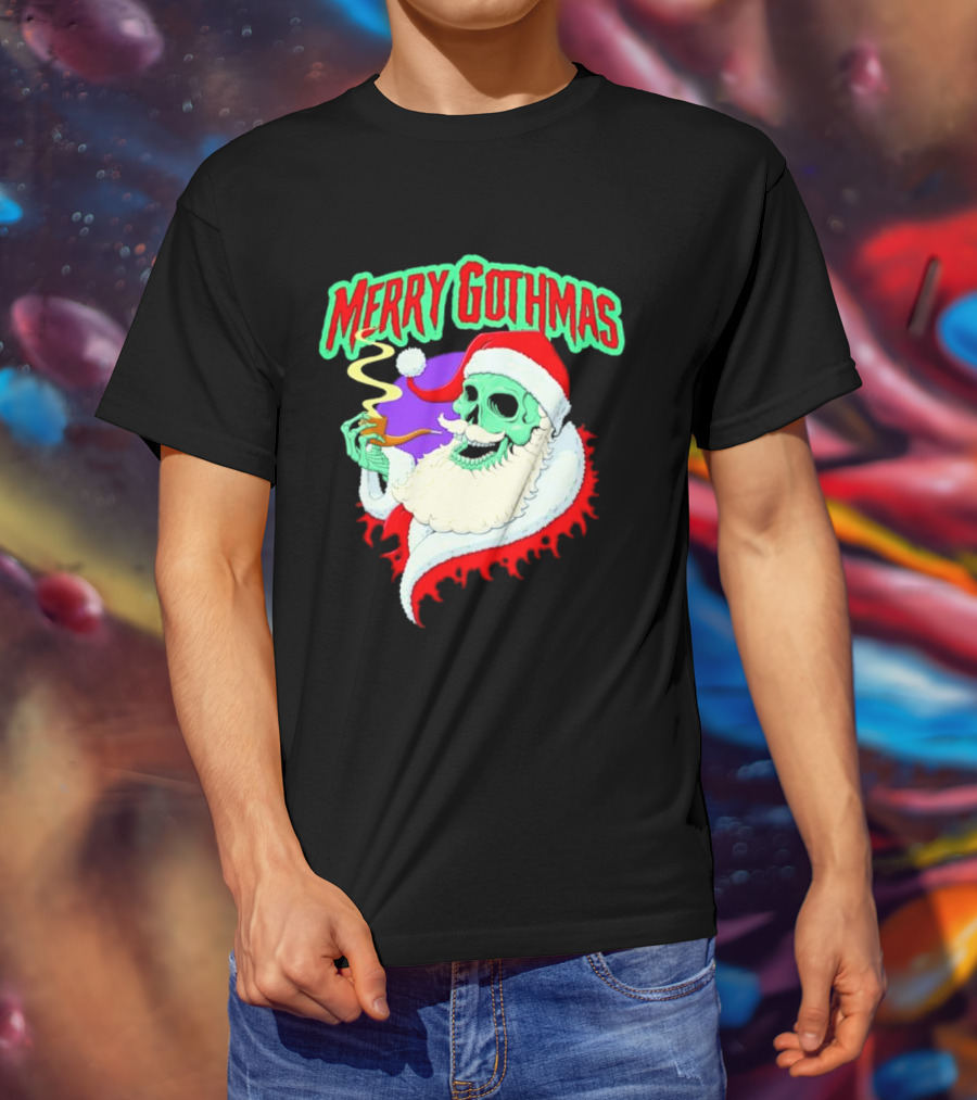Merry Gothmas Skull Santa Smoking Holiday Greeting T-Shirt