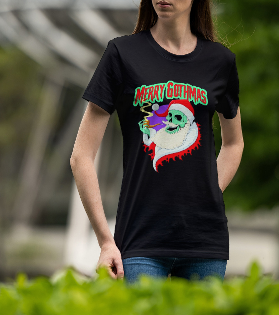 Merry Gothmas Skull Santa Smoking Holiday Greeting T-Shirt