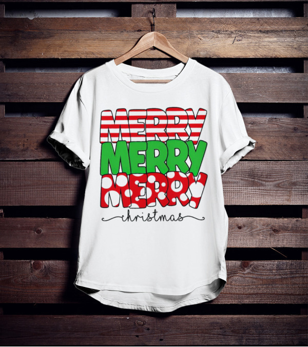 Merry Merry Merry Christmas Stripes And Polka Dots T-Shirt