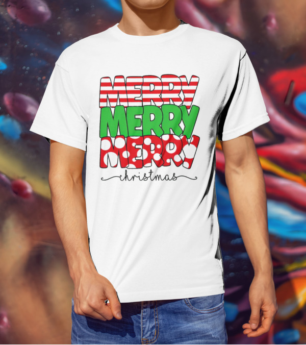 Merry Merry Merry Christmas Stripes And Polka Dots T-Shirt