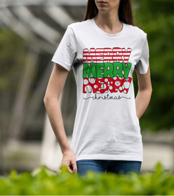 Merry Merry Merry Christmas Stripes And Polka Dots T-Shirt