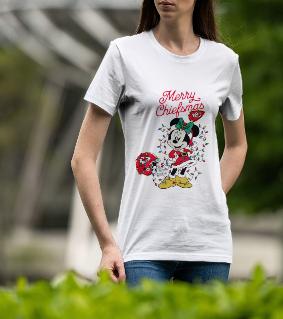 Merry Chiefsmas Minnie Mouse Kansas City Football Christmas Lights Helmet T-Shirt