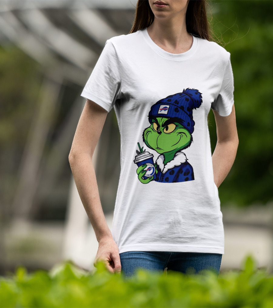 Grinch In Buffalo Bills Beanie Holding Logo Cup T-Shirt