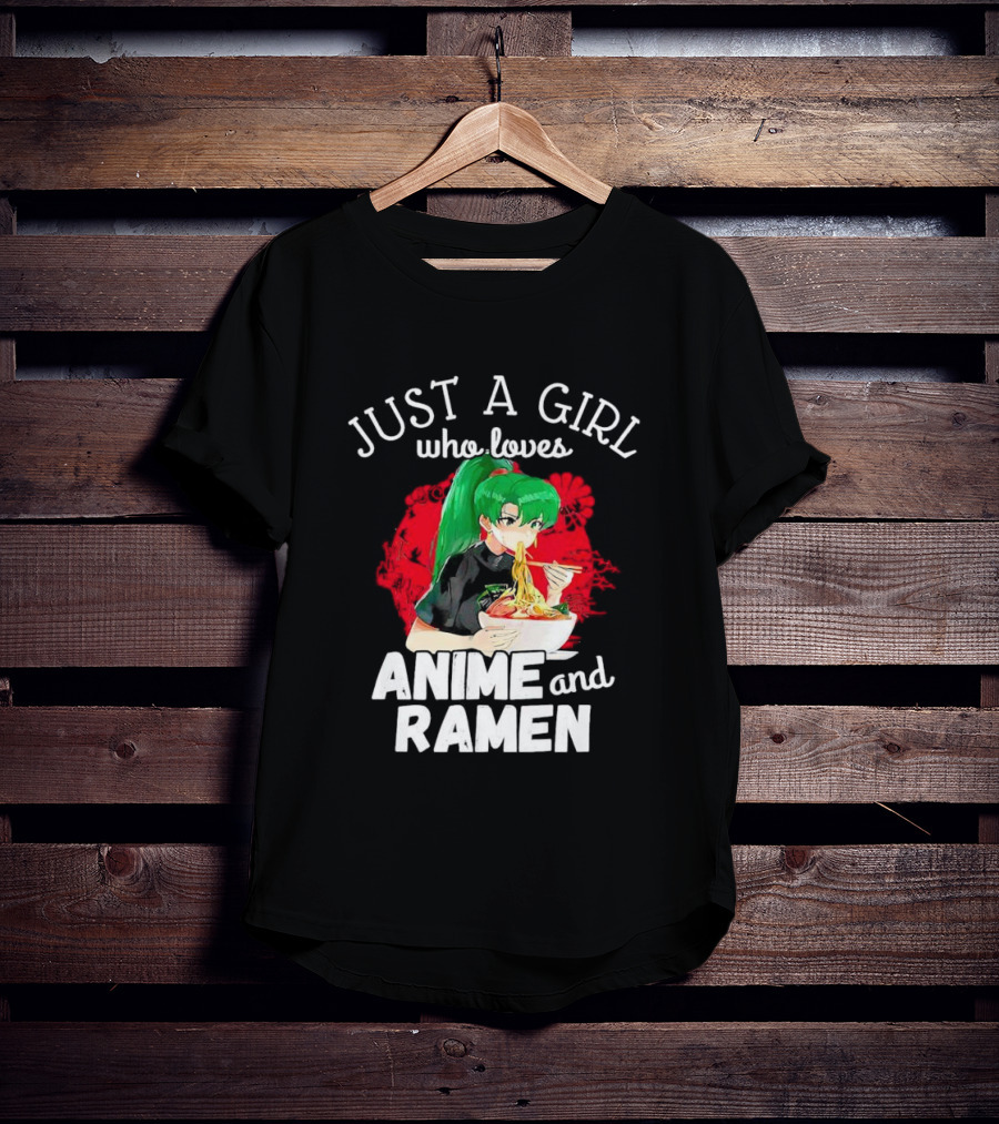 Just A Girl Who Loves Anime And Ramen Green-Haired Character Eating Noodles T-Shirt