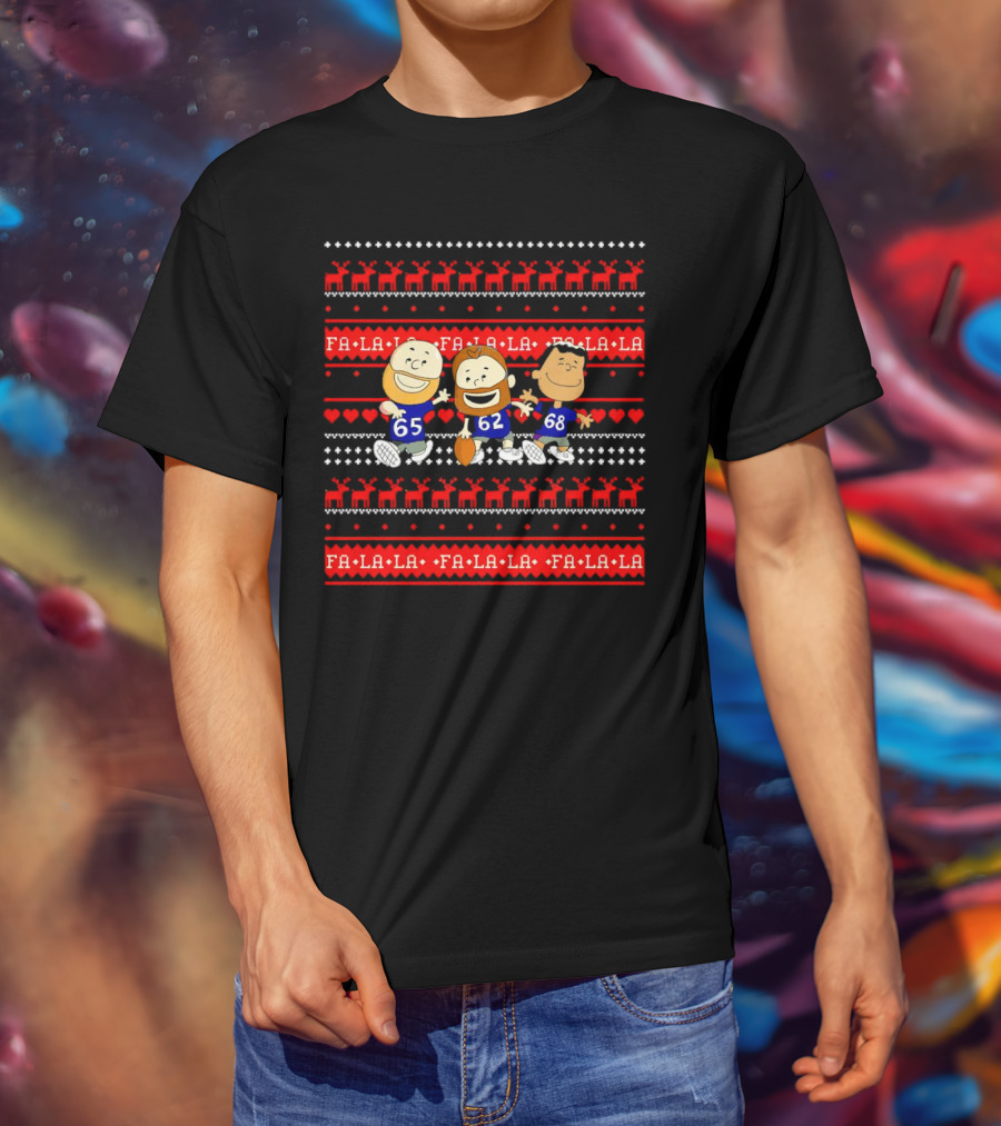Philadelphia Eagles Lane Johnson Jason Kelce Jordan Mailata Fa La La Christmas Cartoon T-Shirt
