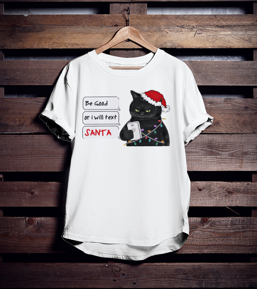 Black Cat Be Good Or I Will Text Santa Christmas Lights Hat T-Shirt