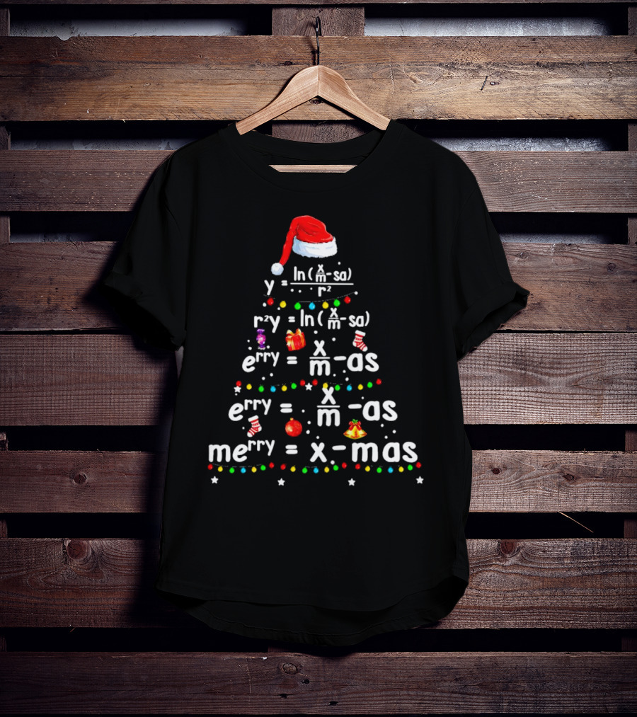 Merry Christmas Tree Math Equations In Santa Hat Form With Holiday Icons T-Shirt