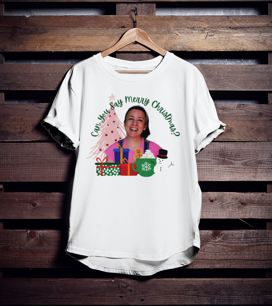 Miss Rachel Can You Say Merry Christmas Joyful Scene With Tree And Gifts T-Shirt