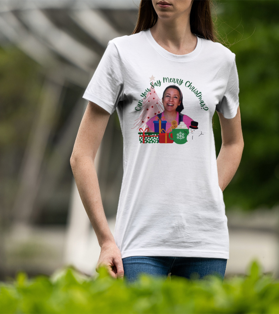 Miss Rachel Can You Say Merry Christmas Joyful Scene With Tree And Gifts T-Shirt