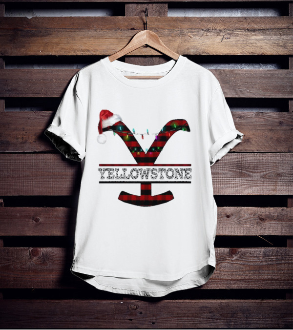 Yellowstone Christmas Santa Hat Lights Buffalo Plaid T-Shirt