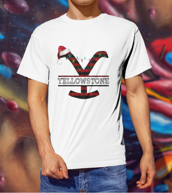 Yellowstone Christmas Santa Hat Lights Buffalo Plaid T-Shirt