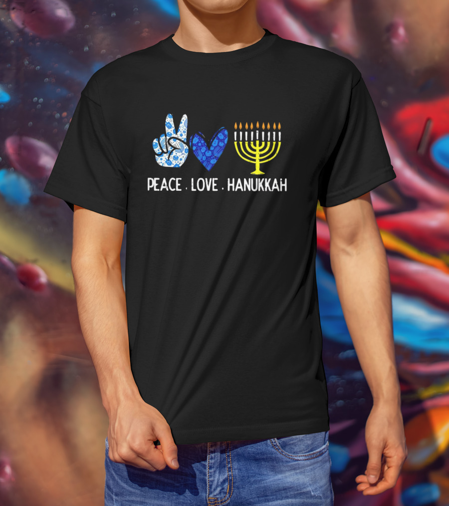 Peace Love Hanukkah Menorah Symbol Blue T-Shirt