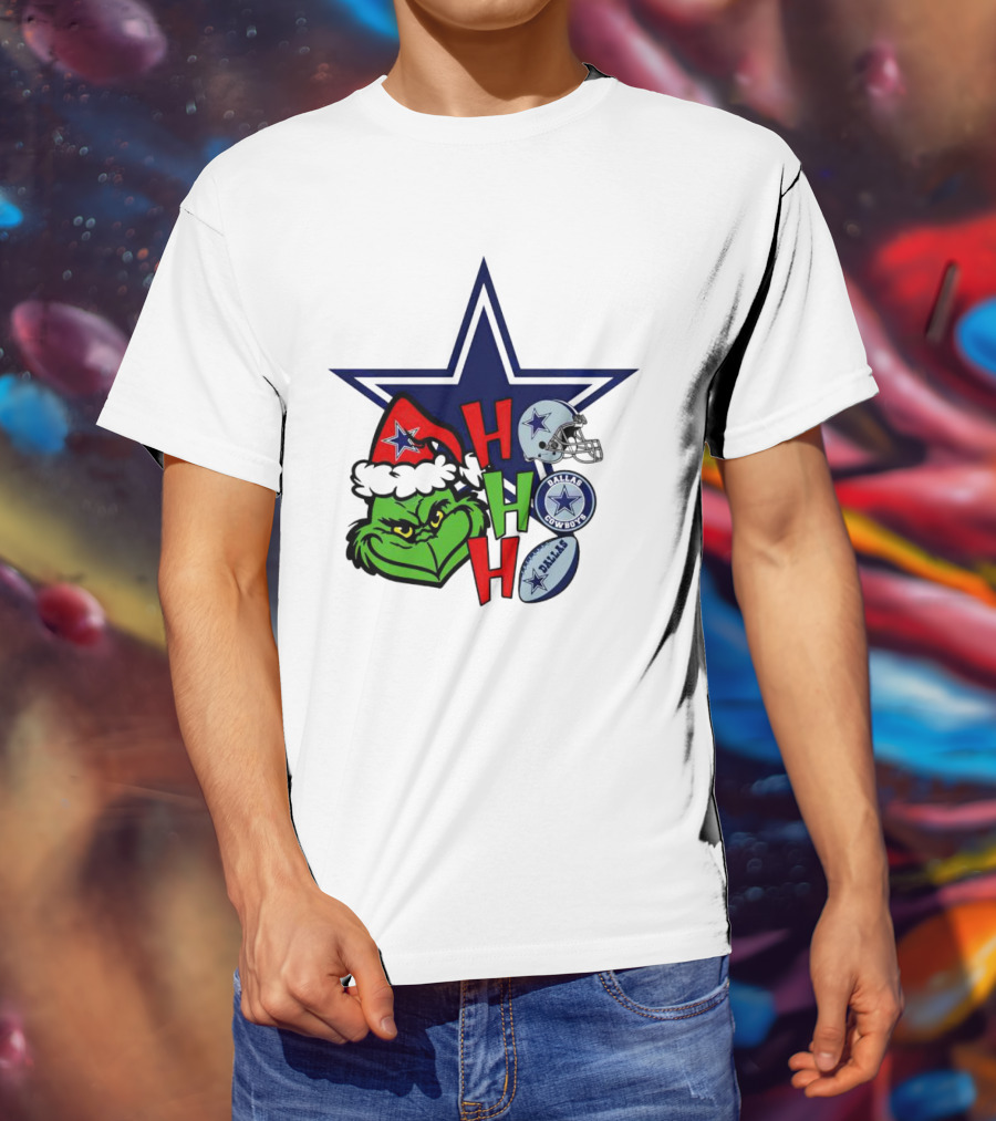 Santa Grinch Ho Ho Ho Dallas Cowboys Christmas Star Helmet T-Shirt