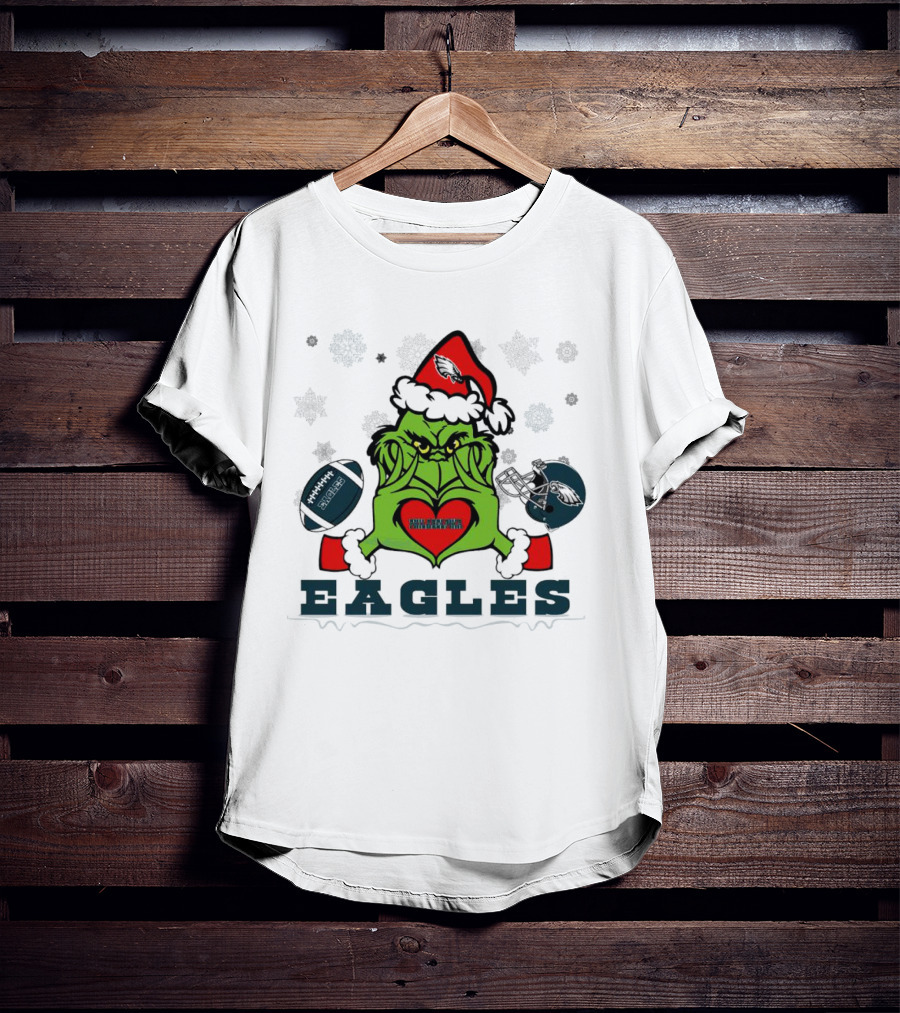 Grinch Santa Heart Philadelphia Eagles Christmas Football Helmet T-Shirt