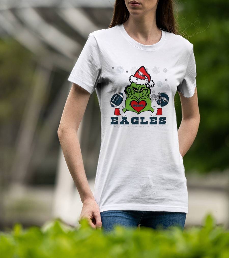 Grinch Santa Heart Philadelphia Eagles Christmas Football Helmet T-Shirt