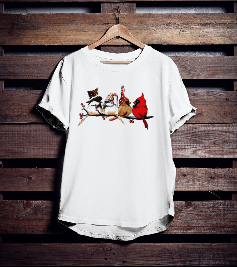 Cardinals And Chickadees On Festive Branch Merry Christmas T-Shirt