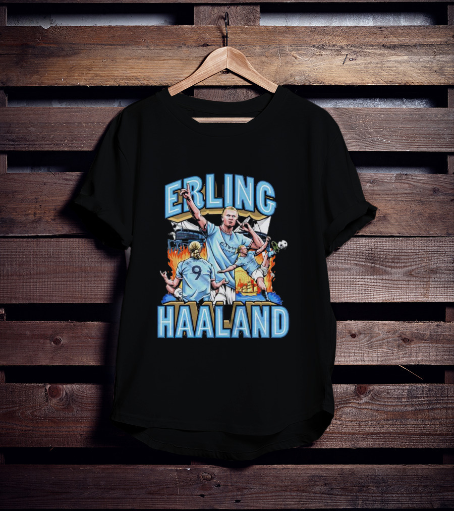 Erling Haaland MCFC Soccer Collage With Fiery Stadium Background T-Shirt
