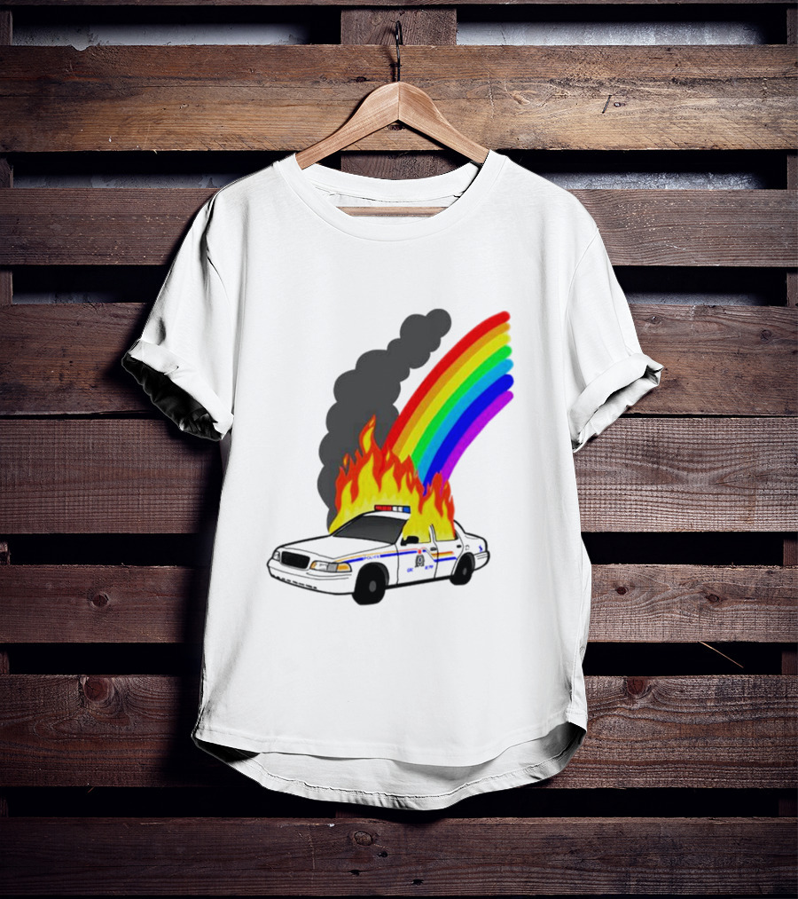 Police Car On Fire With Rainbow Flames T-Shirt