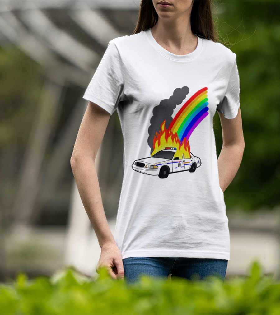 Police Car On Fire With Rainbow Flames T-Shirt
