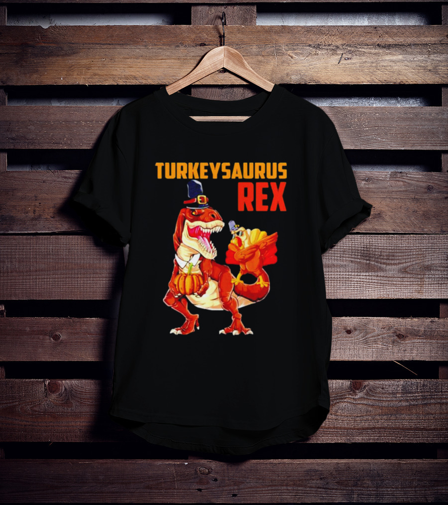 Turkeysaurus Rex Thanksgiving Dinosaur Holding Pumpkin And Turkey With Pilgrim Hat T-Shirt