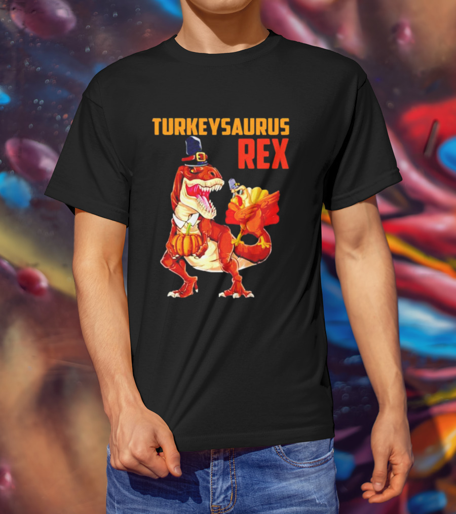 Turkeysaurus Rex Thanksgiving Dinosaur Holding Pumpkin And Turkey With Pilgrim Hat T-Shirt