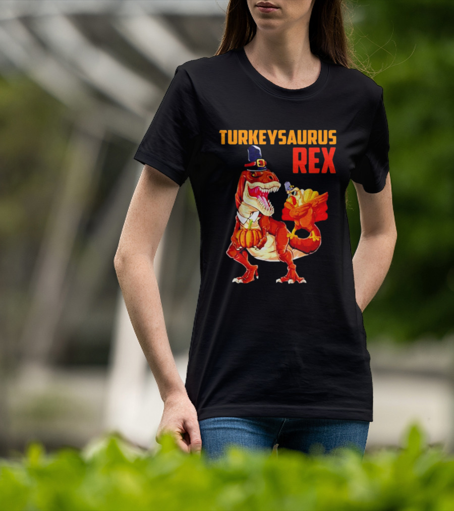 Turkeysaurus Rex Thanksgiving Dinosaur Holding Pumpkin And Turkey With Pilgrim Hat T-Shirt