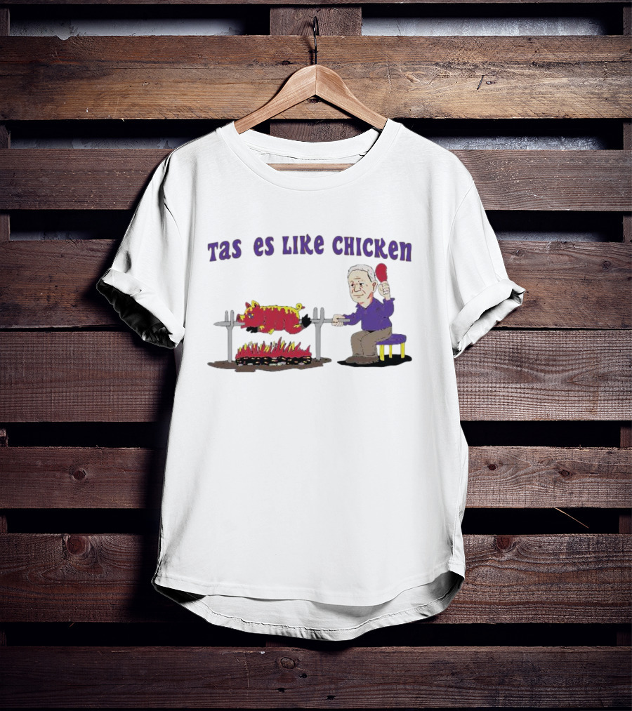 Tastes Like Chicken LSU Tiger Roasting With Cartoon Man Eating T-Shirt
