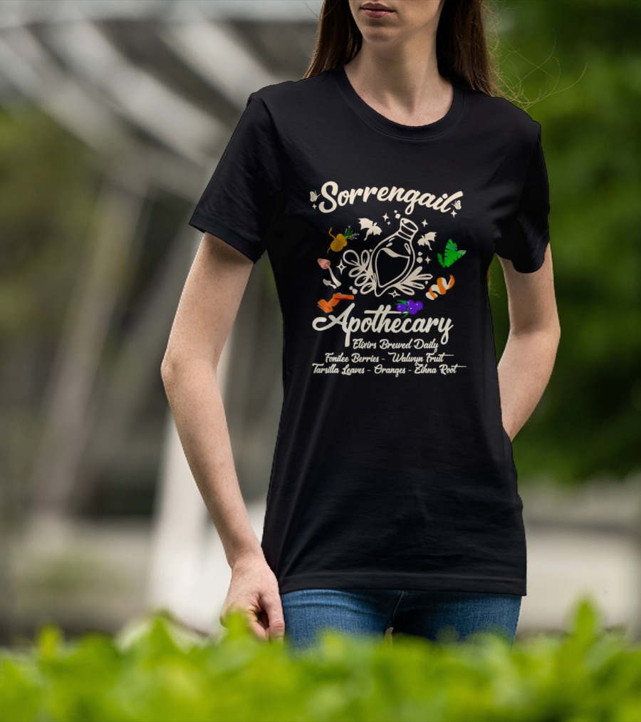 Sorrengail Apothecary Elixirs Brewed Daily Fonilee Berries Waluyn Fruit Tarsilla Leaves Oranges Zihna Root T-Shirt