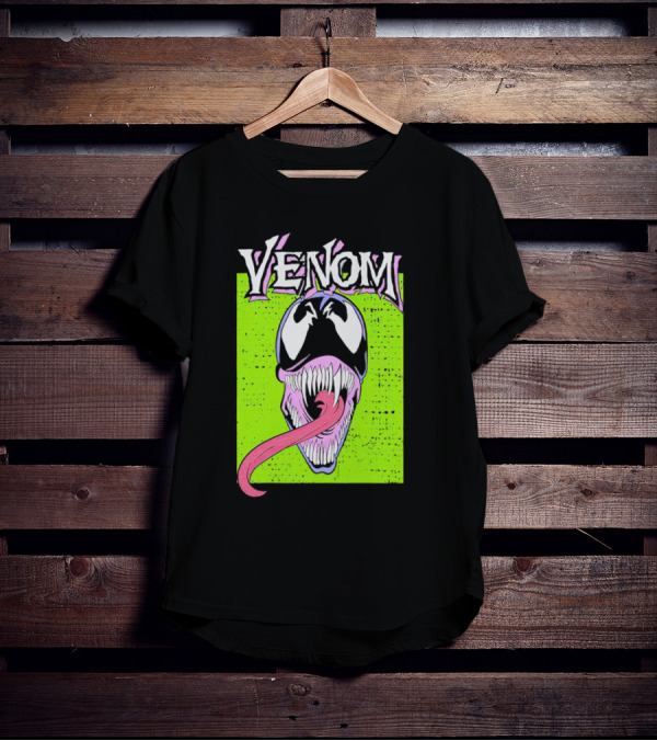 Venom Marvel Neon Pink Tongue Green Background T-Shirt
