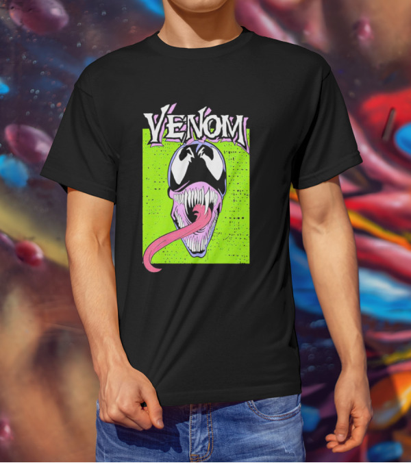 Venom Marvel Neon Pink Tongue Green Background T-Shirt