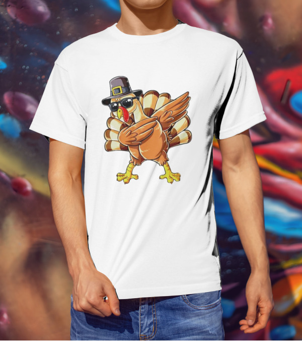 Thanksgiving Turkey Dabbing With Pilgrim Hat And Sunglasses T-Shirt