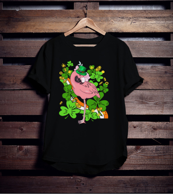 Flamingo St Patricks Day Pink Bird Shamrocks And Leprechaun Hat With Gold Coins T-Shirt