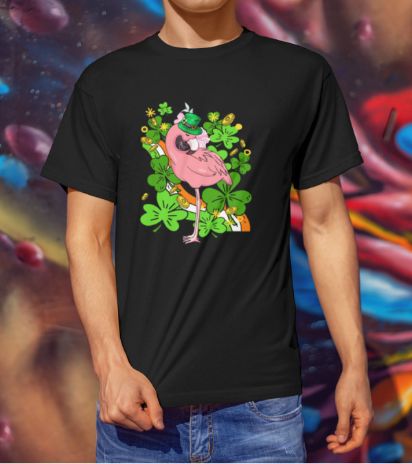 Flamingo St Patricks Day Pink Bird Shamrocks And Leprechaun Hat With Gold Coins T-Shirt