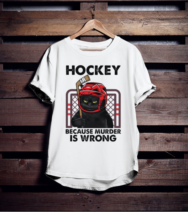 Hockey Cat In Red Helmet Because Murder Is Wrong T-Shirt