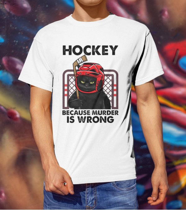 Hockey Cat In Red Helmet Because Murder Is Wrong T-Shirt